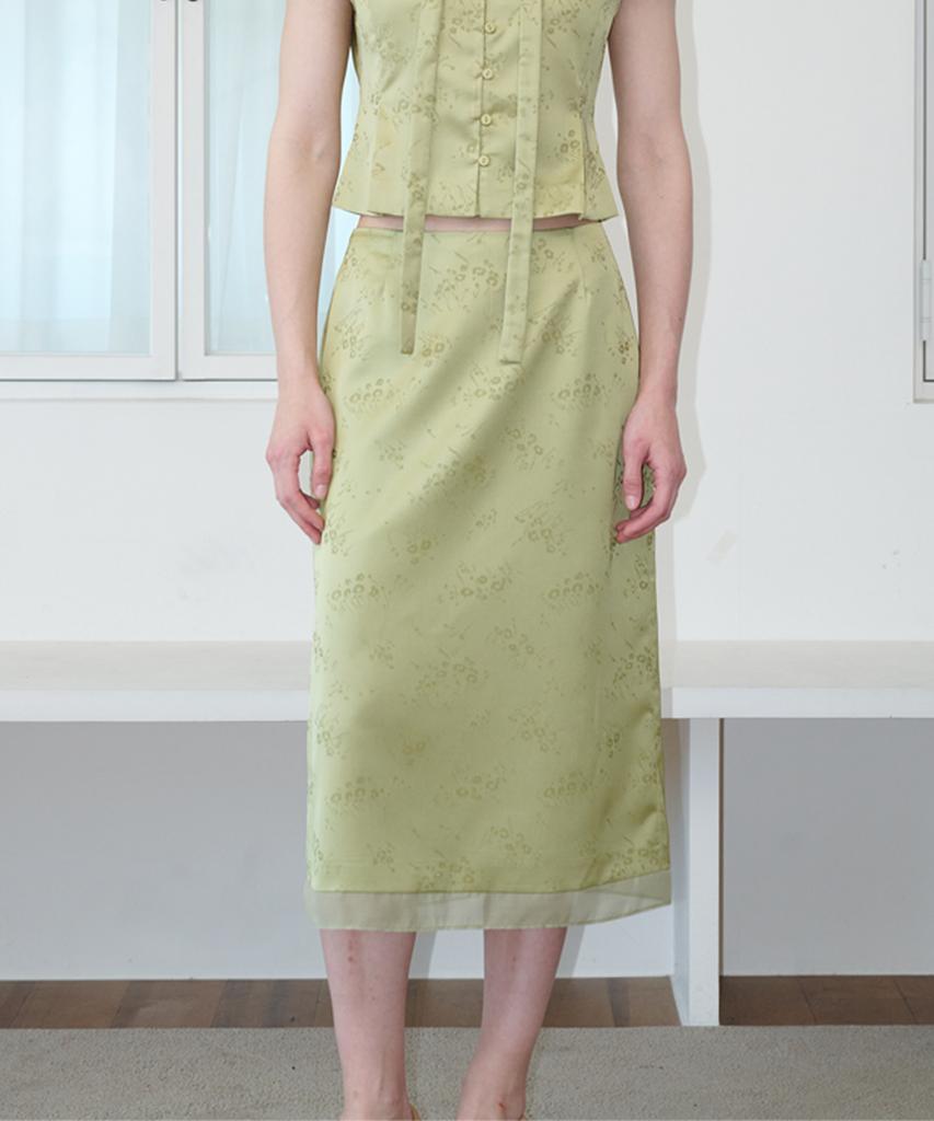 Opening Sunshine Organza Point Jacquard Satin Midi Skirt Flower Olive