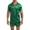 Mens Silky Satin Pajamas Set Short Sleeves Button Down Shirt Top with Shorts Sleepwear Loungewear