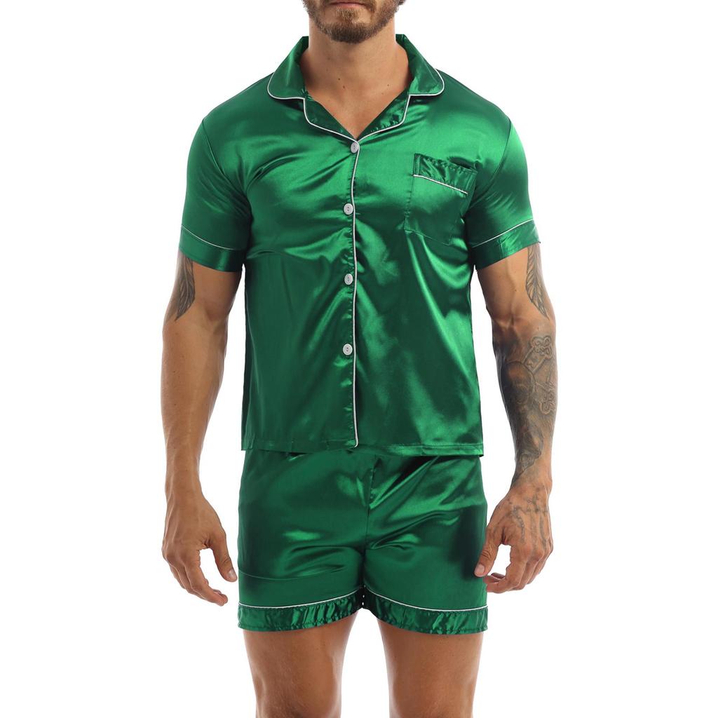 Mens Silky Satin Pajamas Set Short Sleeves Button Down Shirt Top with Shorts Sleepwear Loungewear