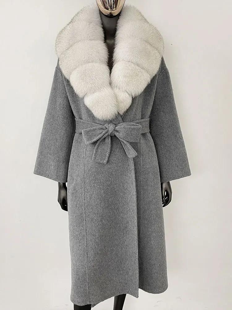 OFTBUY Kabát z pravé kožešiny 2024 Nadměrný dámský svrchní oděv Zimní dámská bunda s límcem z přírodní liščí kožešiny Kapuce Kašmírová vlněná směs Kabát