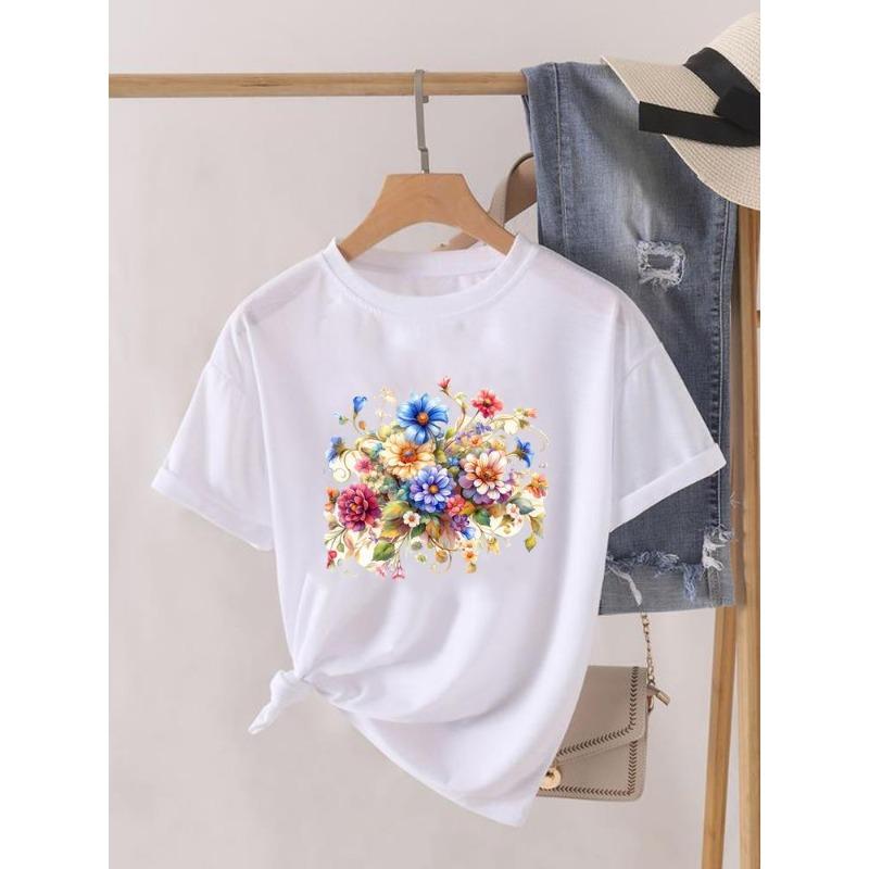 (Europeisk storlek) Akvarell T-shirt Geometrisk Kortärmad T-shirt Rundhalsad Kläder Topp Vardaglig Mode Tryck Dam Kvinna Grafiska T-shirts