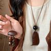 Wood Chips Irregular Round Square Pendant Necklace Retro Ethnic Style Collarbone Chain Design Sense Sweater Chain Women