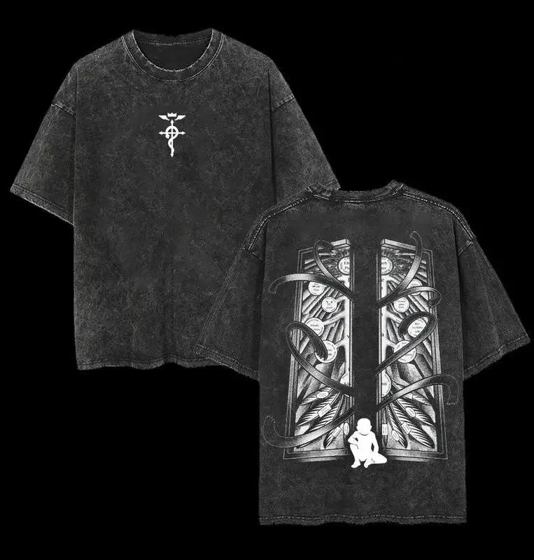 Classic Japan Anime Fullmetal Alchemist Brotherhood Manga Print Tees Loose Casual Oversized Top Men Women Washed Cotton T-shirts