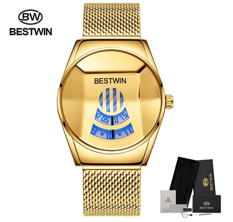 2021 Bestwin Sport Chronograph Wristwatch for Men Casual Gold Quartz Watch with Leather Band Cartoon Style
