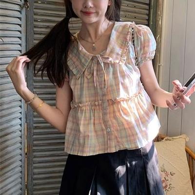 Sommer Süße Farbe Karobluse Vintage Puppenkragen Mode Kordelzug Damenbekleidung Dünn Lässig Locker Einreihiges Hemd