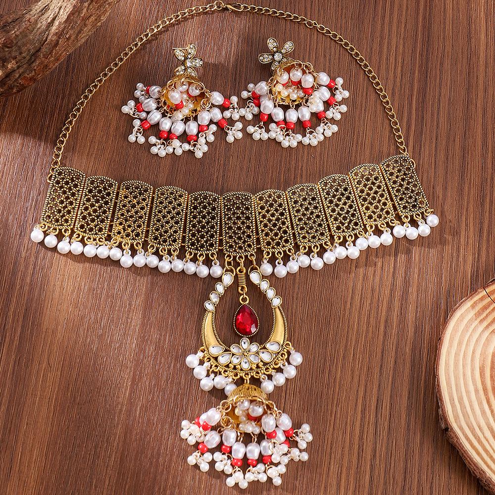 Diamond-encrusted Pearl Fringed Necklace, Earrings Set, Women's European, American Bohemian Ethnic Jewelry, Retro Fashion Jewelry.