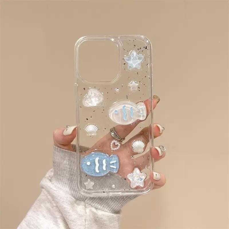 

Ocean Xiaoqing Fresh Air Mobile Phone Case For Iphone17 Shell Silver Foil Glitter Apple 15Promax Fish iPhone 7/8/SE 2020