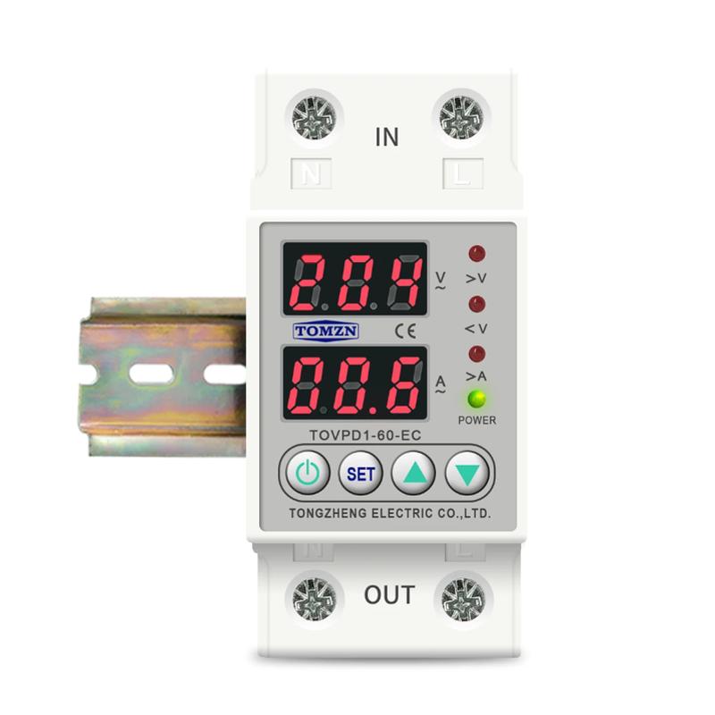 Din Rail Dual Display Adjustable Over Voltage Current And Under Voltage Protective Device Protector Relay 40A 63A 80A 220V 230V