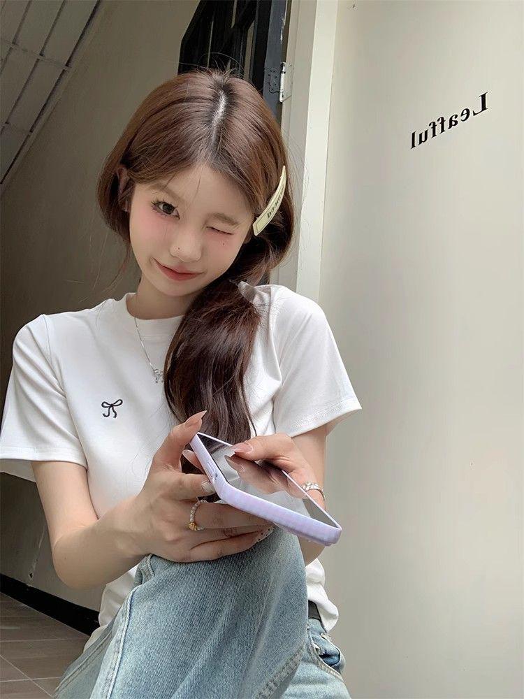 Women's 2025 Korean Style Bowknot Embroidered Slim Fit T-Shirt, Short Sleeve, Round Neck