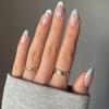 24Pcs White Flower Short Almond Press On Nails Glossy Blue French Tip Acrylic Full Cover Fake Nails Art Set For Women Girls