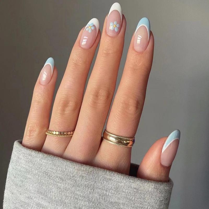 24Pcs White Flower Short Almond Press On Nails Glossy Blue French Tip Acrylic Full Cover Fake Nails Art Set For Women Girls