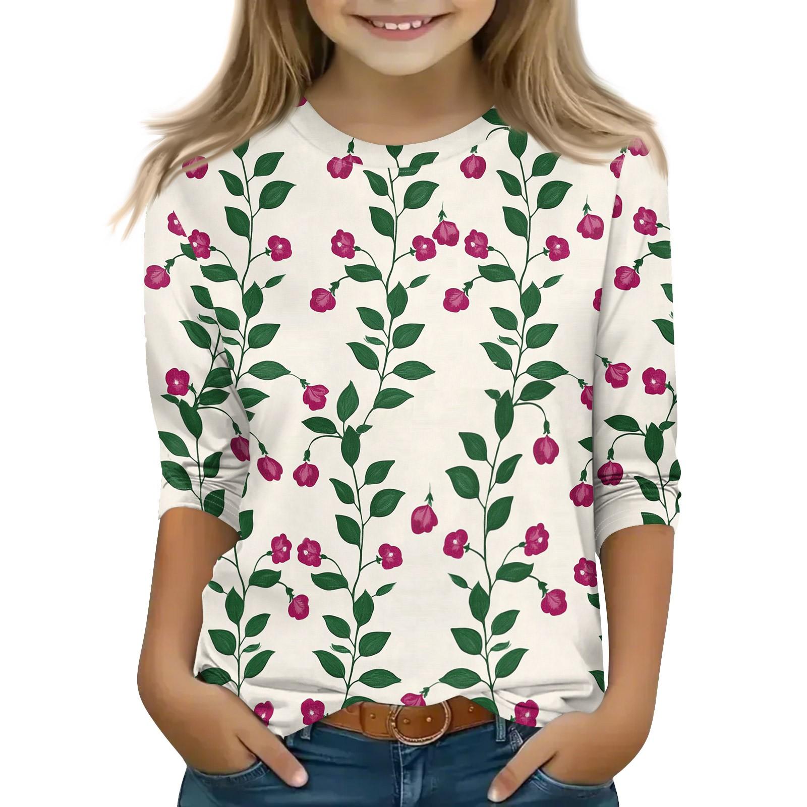 

Топы с принтом для девочек 5-16 лет с круглым вырезом и рукавами 3/4 Футболки Модные топы Наряды Футболки 150 зелёный