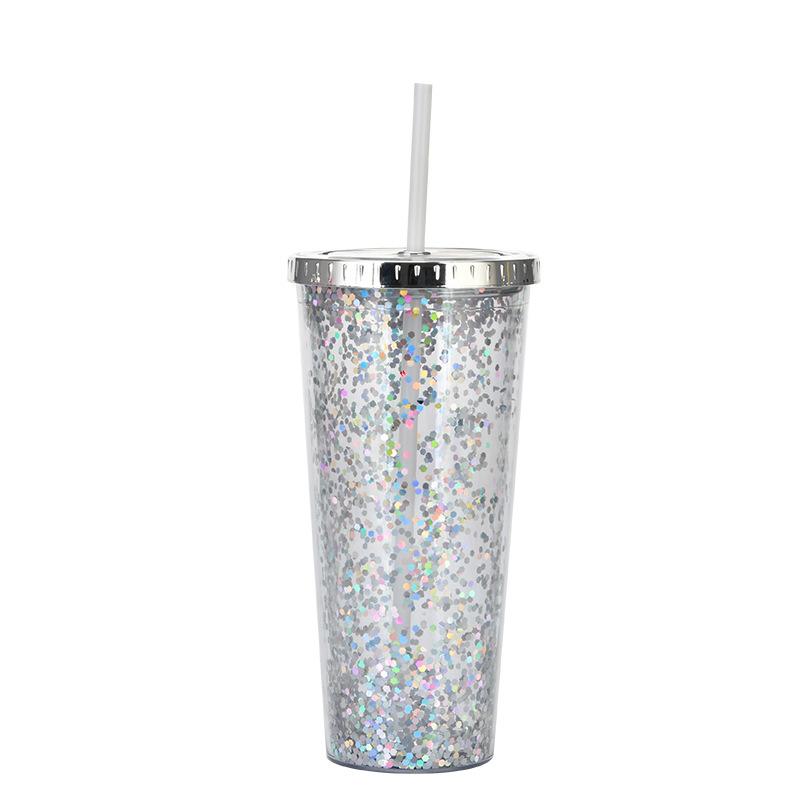 

24Oz Plastic Straw Cup, Glitter Water Cup, Cold Drink Cup With Fixed Electroplating Cover 601-700ml
