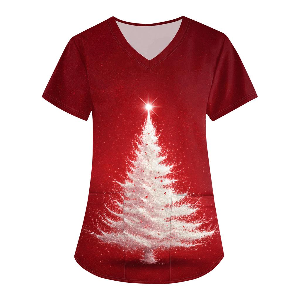 Women's Christmas Print Loose V-Neck Pocket Short-Sleeved Uniform