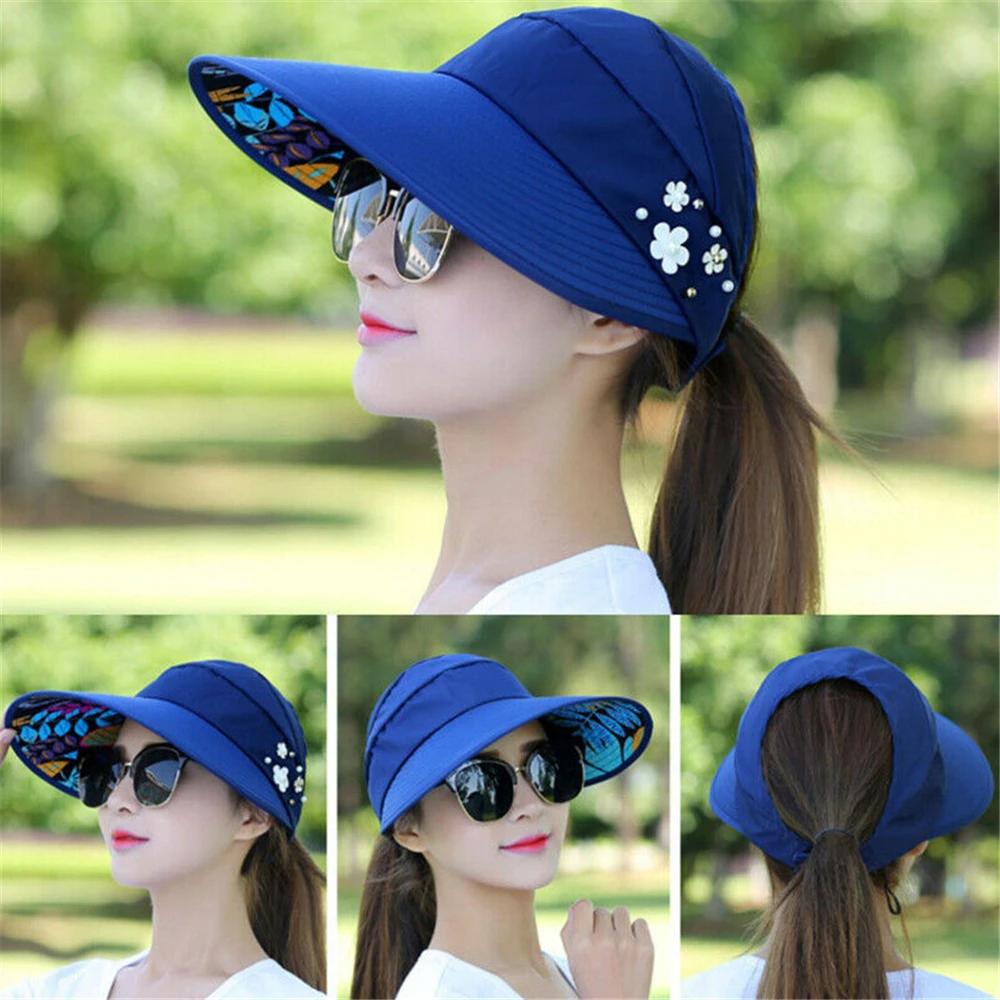 Women Ladies Anti-UV Wide Brim Foldable Visor Caps Sun Hat Casual Hats Beach Cap