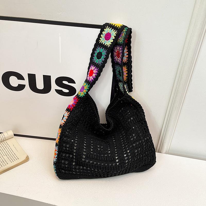 Summer Large Capacity Boho Tote Bag Floral Crochet Handbag Vintage Multicolor Cut-Out Knitted Fashionable Hollow Out Handbag