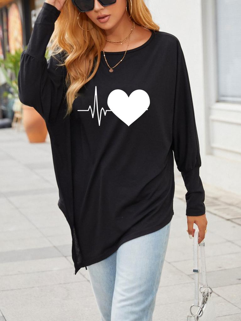 Women's Oversize Long-Sleeve Spring/Fall Asymmetrical Hem T-Shirt Fashion Printed Logn Sleeve Top