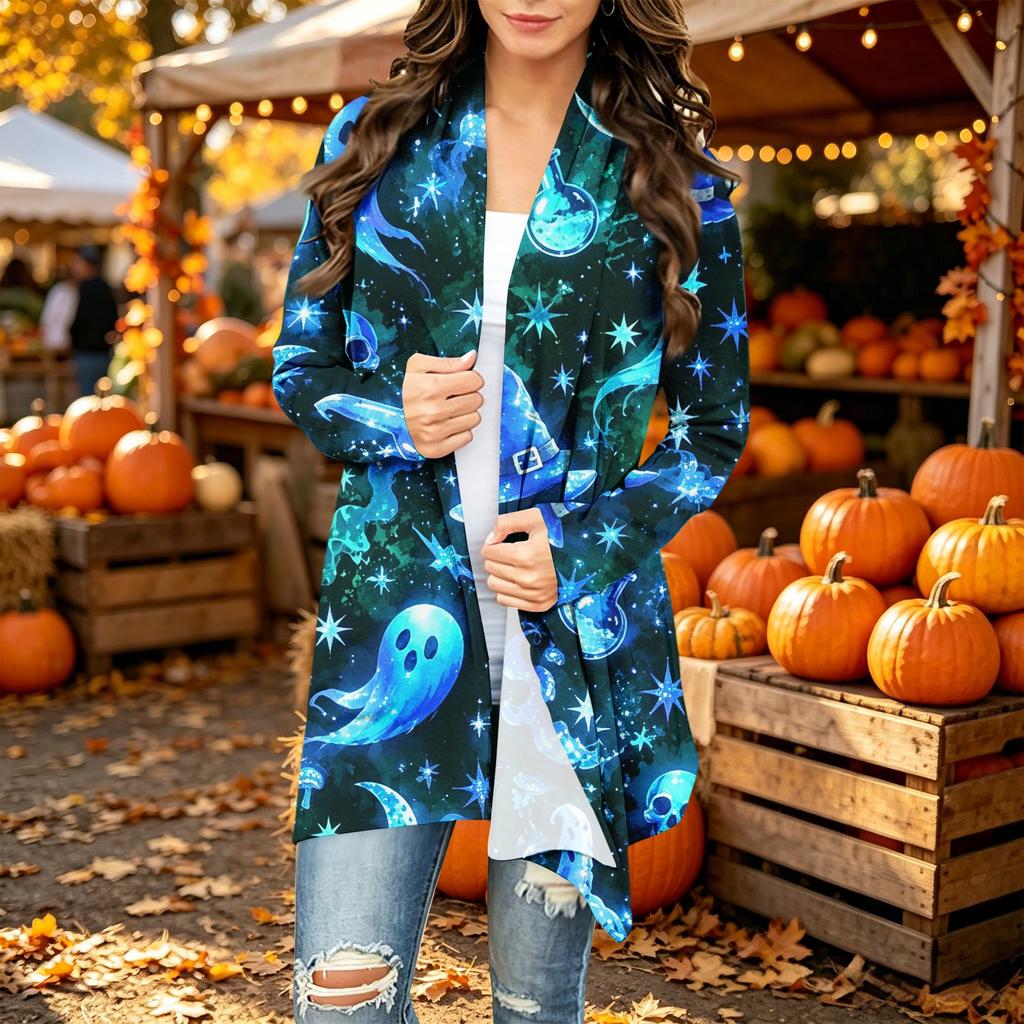 Damen Trendy Halloween-Print Langarm-Strickjacke Pullover für Lässige Herbstmode