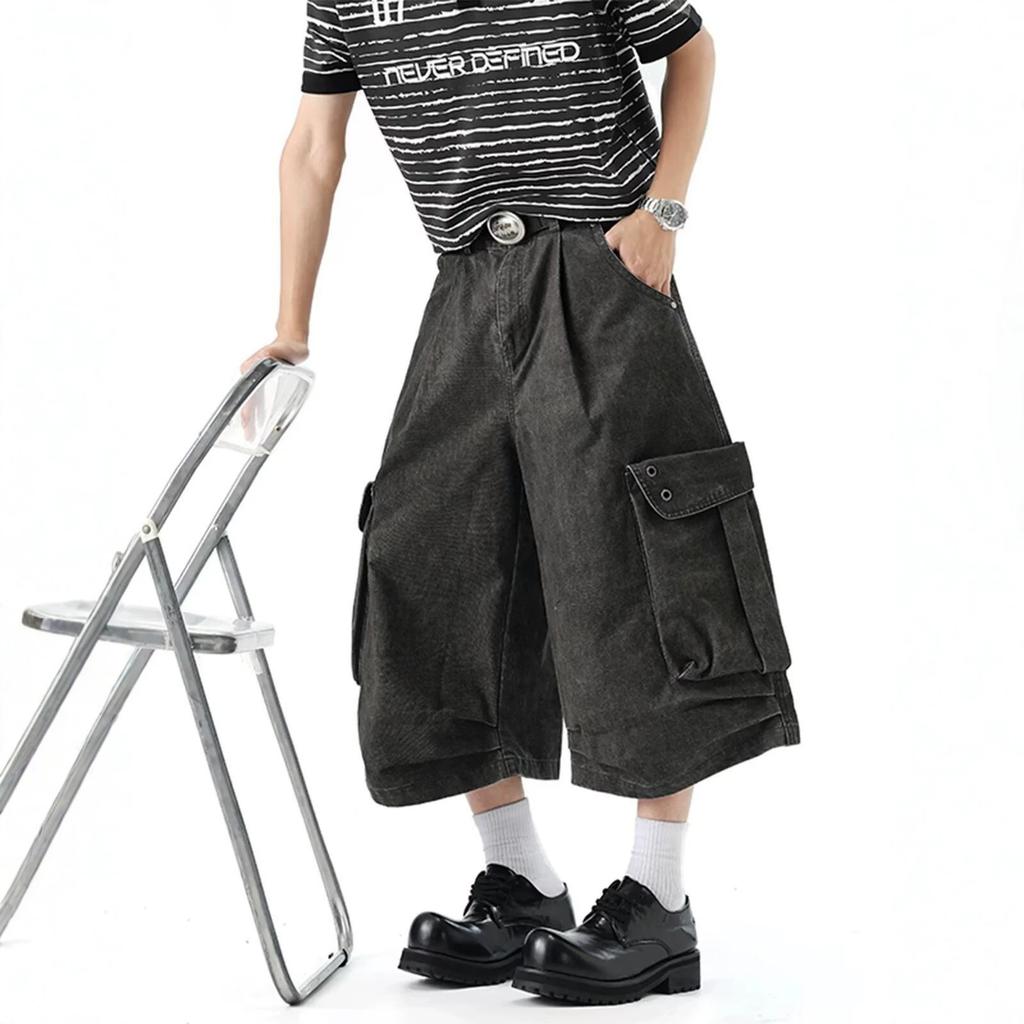 American Tooling Style Black Multi-pocket Wide-leg Pants Men's and Women's Loose Cropped Pants Pleated Design Denim Pants Tide