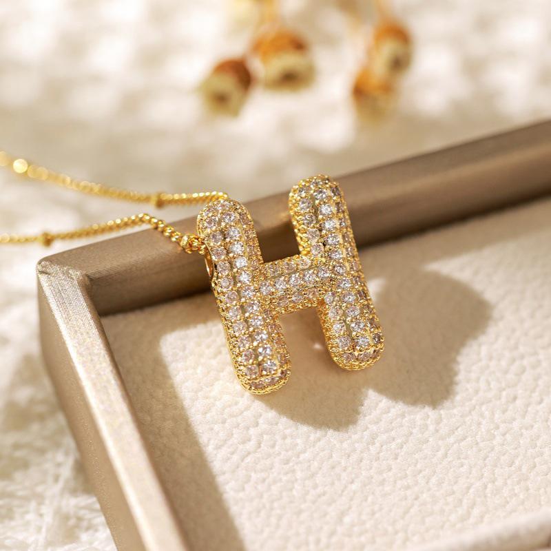 26-Letter Alphabet Pendant Necklace with Copper Clavicle Chain and Micro-Inlaid Zircon