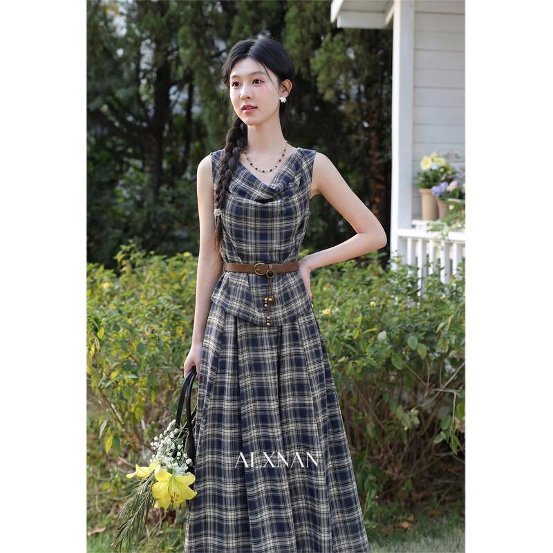 Lu Xiangnan French Retro Blue Plaid Sleeveless Dress L