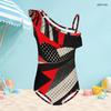 Girls One Shoulder Ruffle One Piece Printed Swimsuit Black Gray White