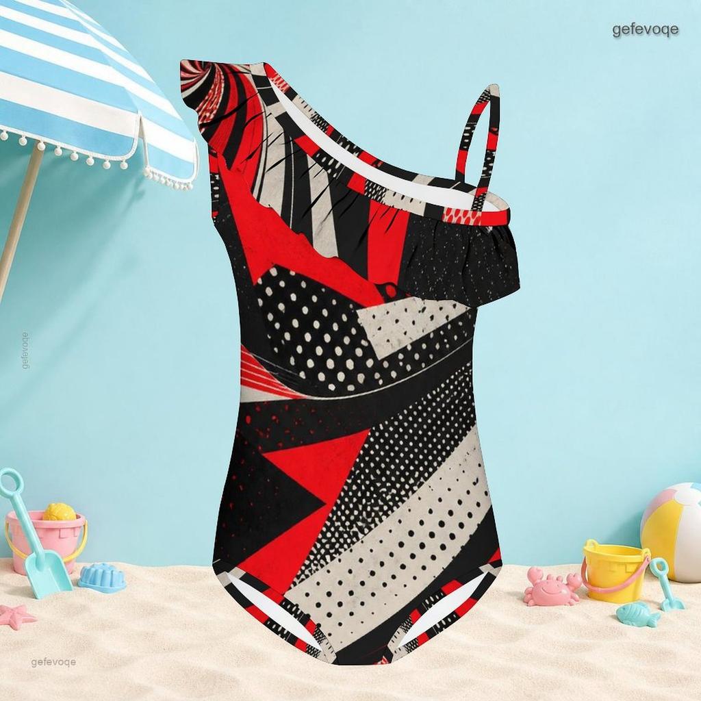 Girls One Shoulder Ruffle One Piece Printed Swimsuit Black Gray White