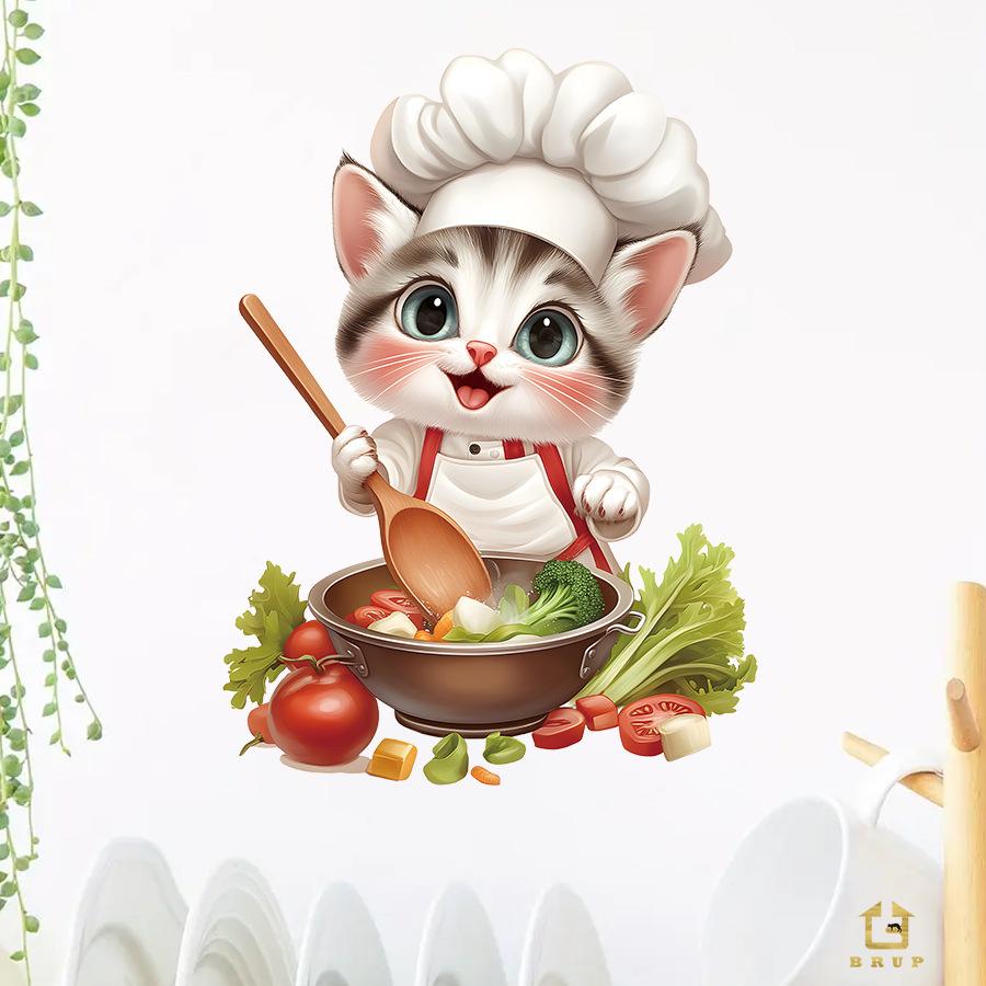 Schattige Zilveren Gradiënt Kat Chef Keuken Muurstickers, Zelfklevende Decoratie voor Koelkast Kast Fornuis Decoratie