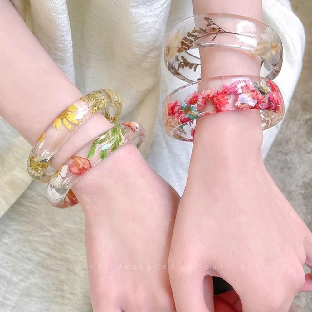 Resin Acrylic Bangle Bohemian Big Cuff Bangle Unique Natural Dried Flower Bracelet  Girls
