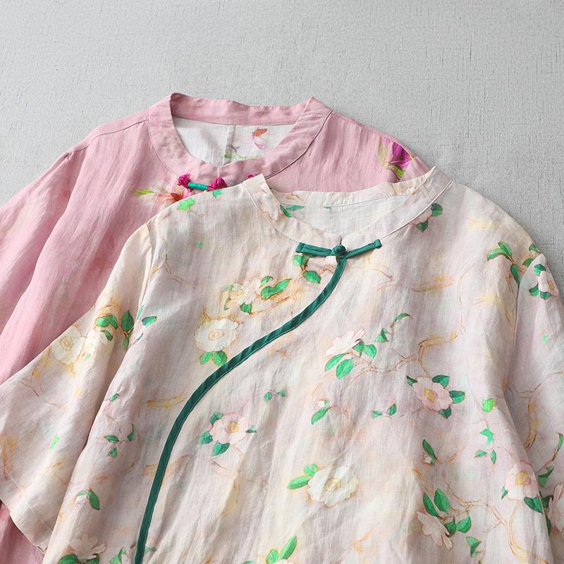 2026 New Style Floral Cotton Linen Cheongsam Dress - Plus Size Slimming & Tummy Concealing Long Skirt