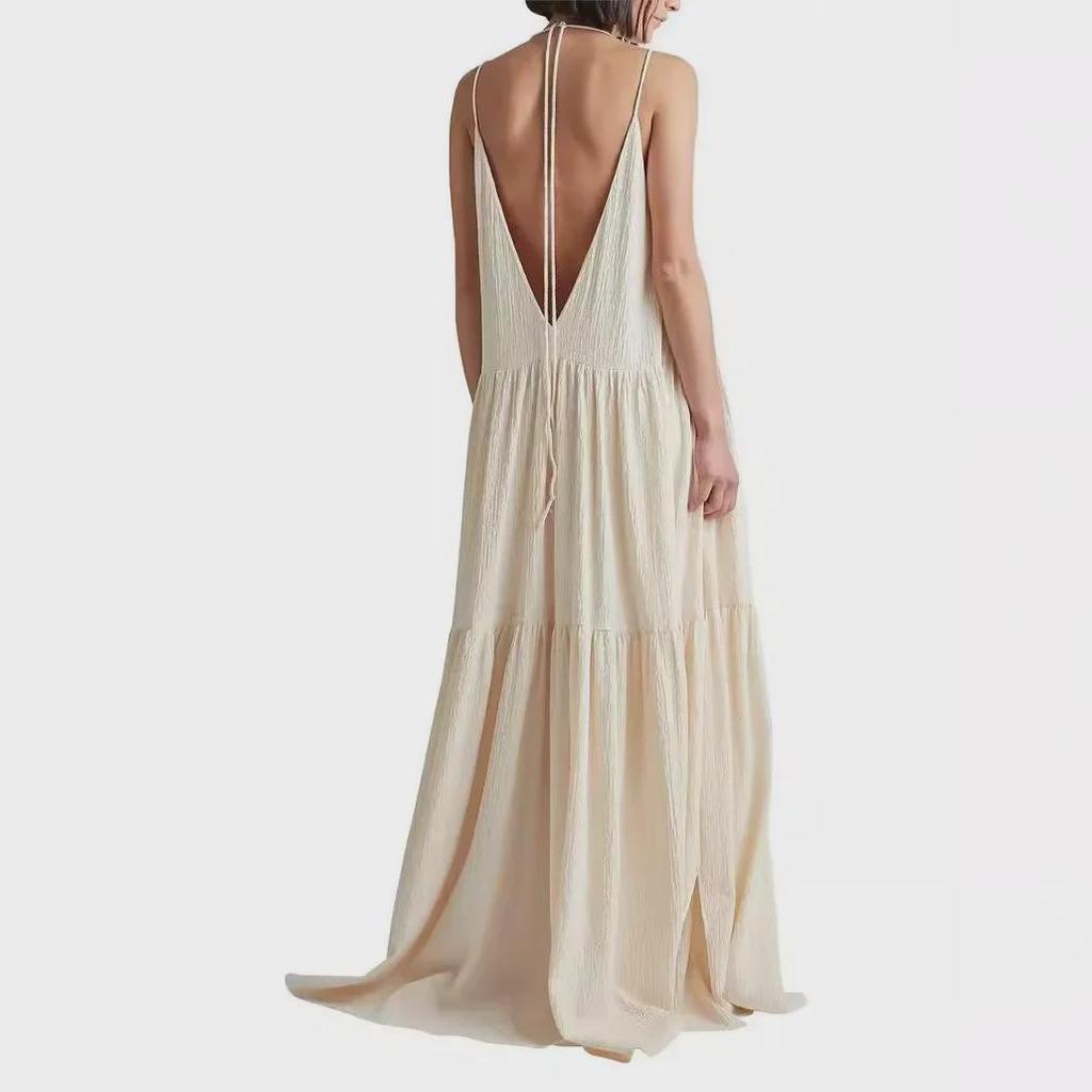 European Women's Loose Pleated Asymmetrical Beach Dress 2024