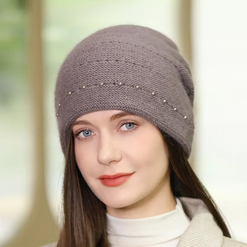 Fashion New Arrival Pearl Knitted Hat for Women Winter Warm Beanies Casual Cap Solid Color Knitted Beanie