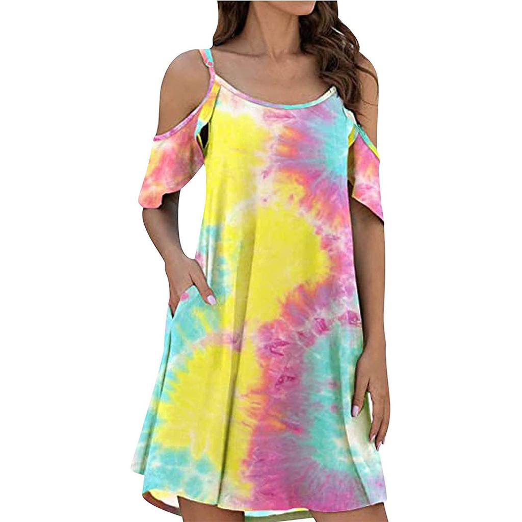 Women Fashion Ruffle Sleeve  Dress Tie-dye  Strapless Dress