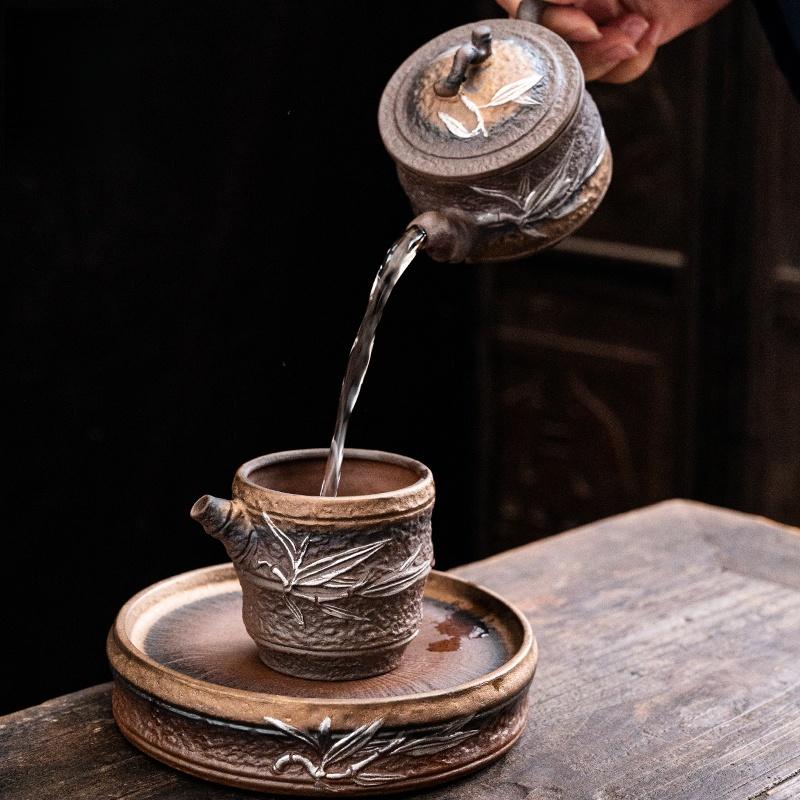 Gilded Iron Glaze Bamboo Coarse Pottery Tea Pot Old Rock Mud Tea Maker Handmade Retro Kung Fu Tea Set