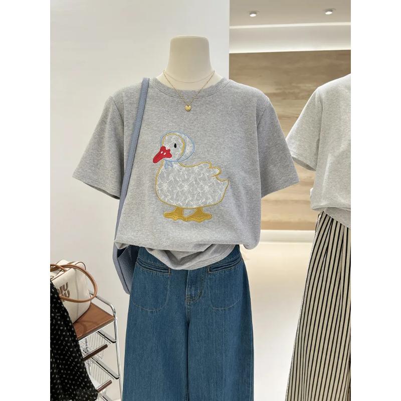 T-shirt d'été décontracté pour femme avec graphique de canard brodé, col rond, manches courtes, coupe ample