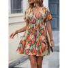 Vestido de verano informal ajustado con cuello en V y manga corta para mujer, elegante, estampado, corte A, holgado, vintage, plisado, para playa, novedad 26552