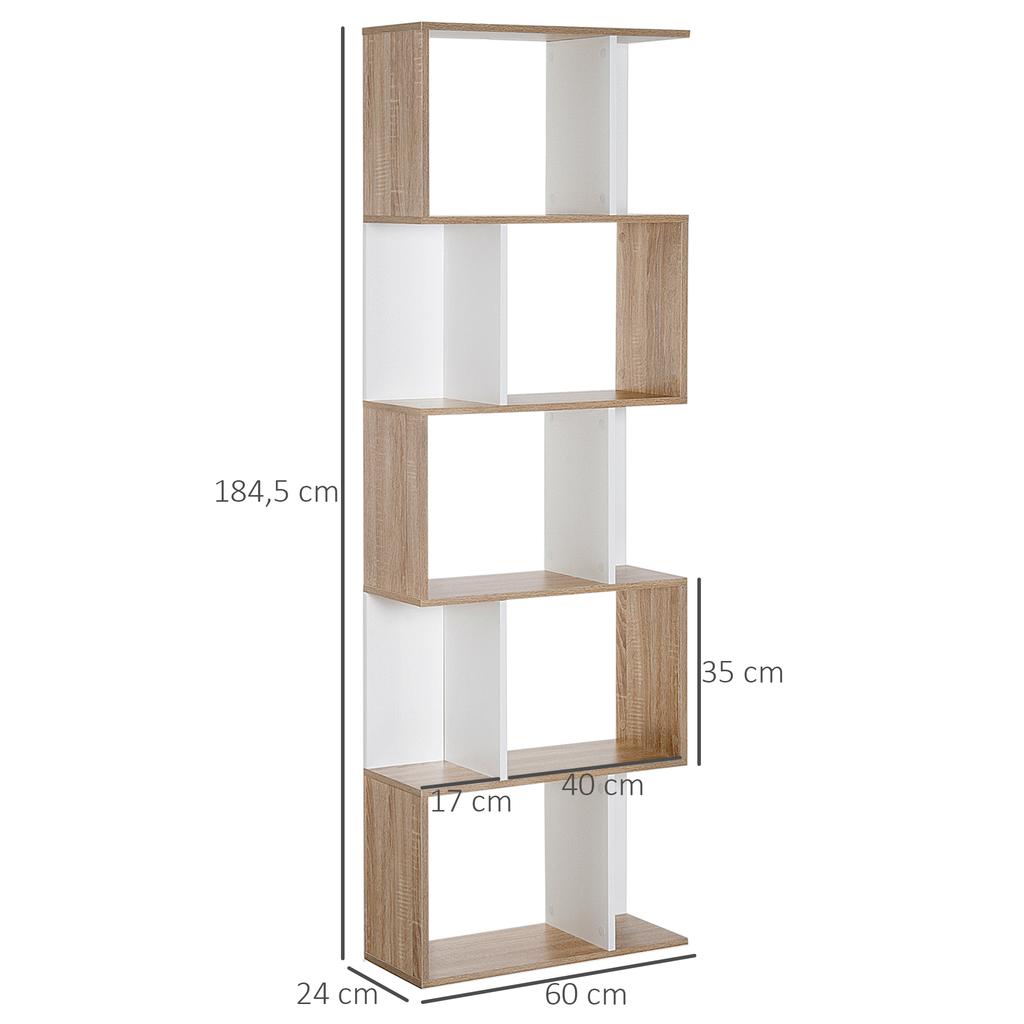 Bookcase, S-Shaped Wooden Bookshelf, 5/6 Tiers Freestanding Storage Shelf, Home Office Decorative Display Stand Rack, Oak and White