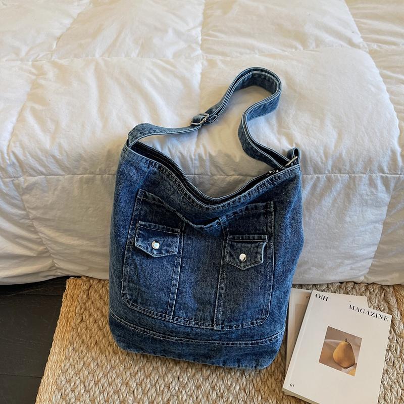 Vintage Large Capacity Denim Tote Bag Women's Shoulder Bag Commuter Crossbody Bag