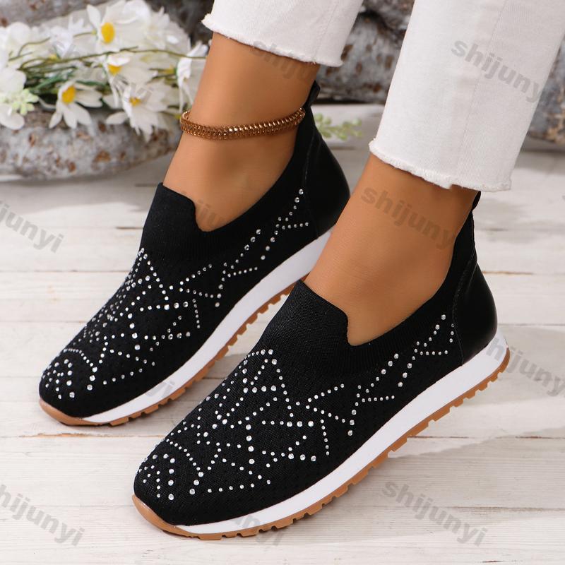 Fashion Woman Breathable Mesh Knitting Sneakers Women Comfort Soft Sole Non-Slip Sock Shoes Slip-on Flat Casual Single Shoe Plus Size 43