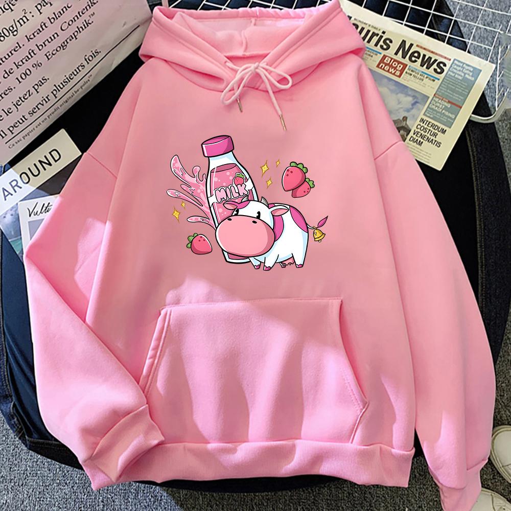Strawberry Milk Pink Cow Hoodie Oversized Cartoon Printed Sweatshirt Women Warm Hooded Pullovers Harajuku Sweatshirts