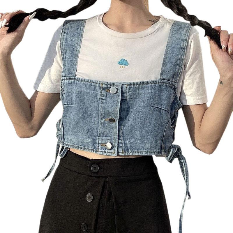 Stylish Elegance Fashion Female Casual Vest Short Denim Small Camisole Female Straps Design Sense Outside Wear Undershirt Stacking Tops Female