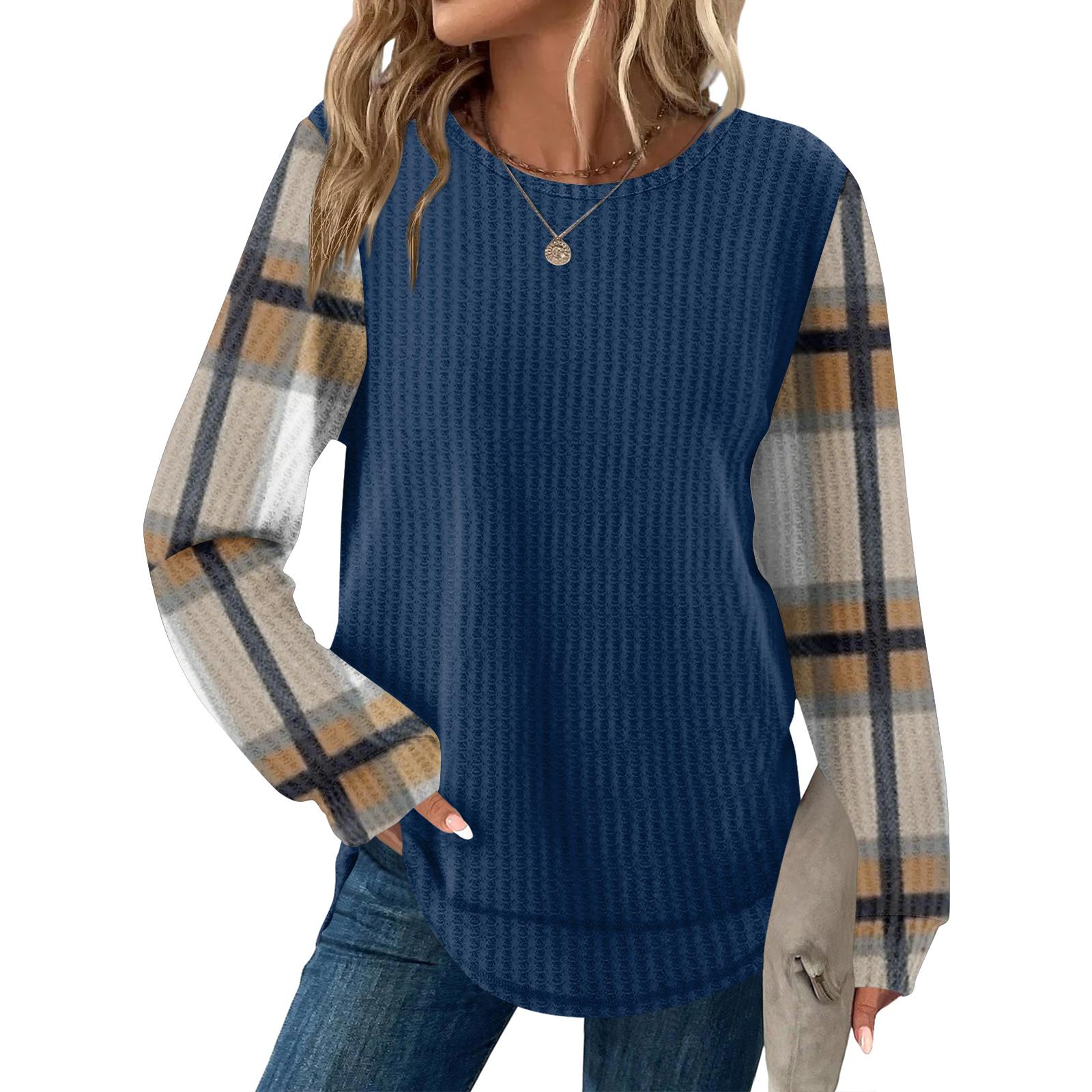 Women s Plaid Print Round Neck Long Sleeve Casual Loose Top L бежевый