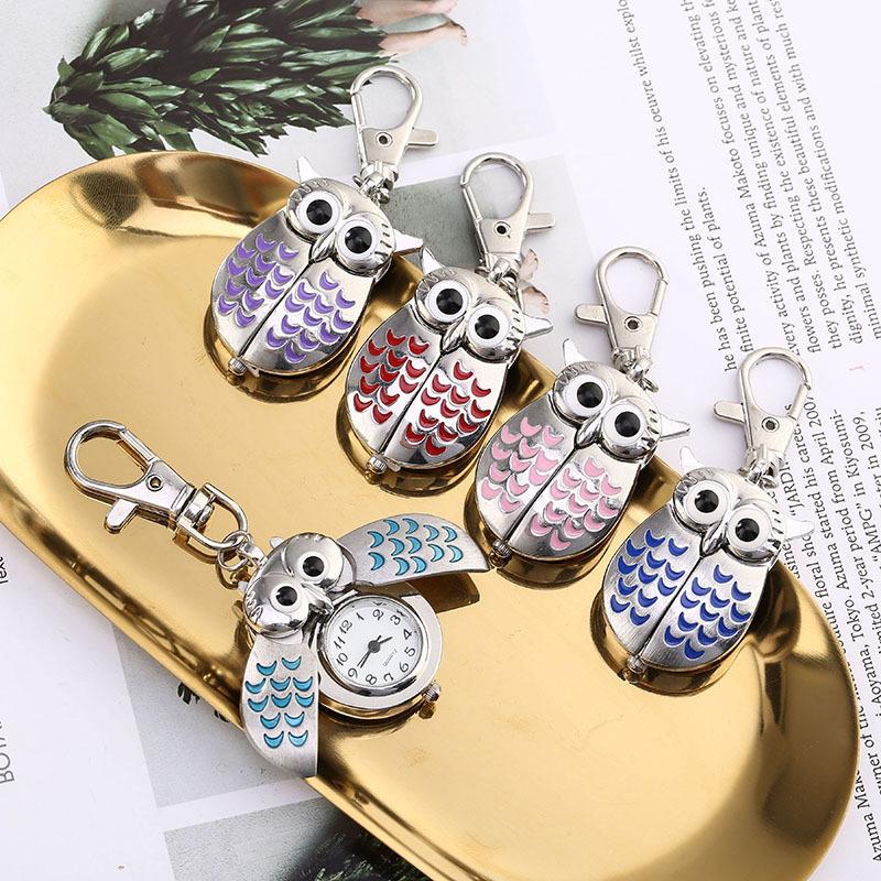 Fashion Keychain Owl Shape Pocket Watch Unisex Vintage Alloy Keyring Clock Fob Watches Key Chain Bag Car Birthday Gifts 1/3/5pcs