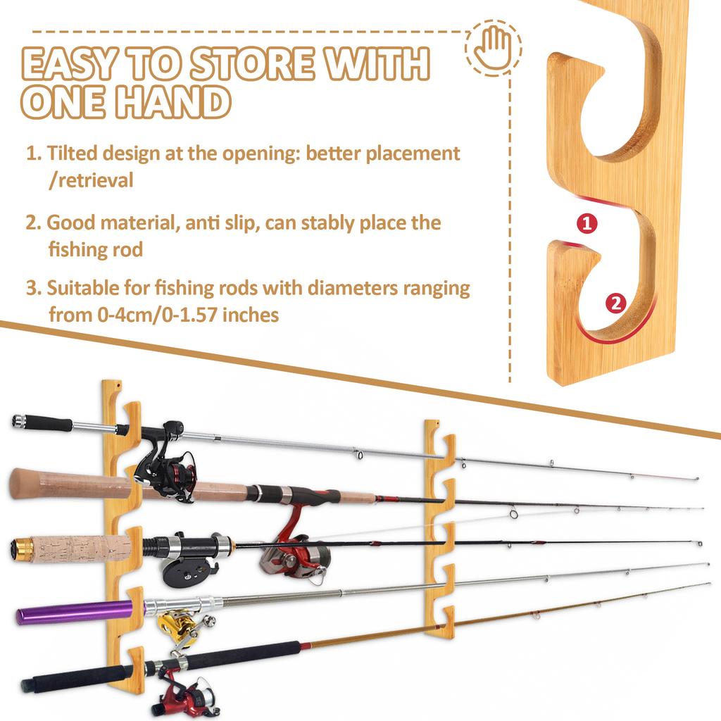 2 Sets Wood Fishing Rod Holder Wall Mounted Fishing Poles Rack Holds Up to 10 Rods for Garage Wall Ceiling Rod Display Rack Tool