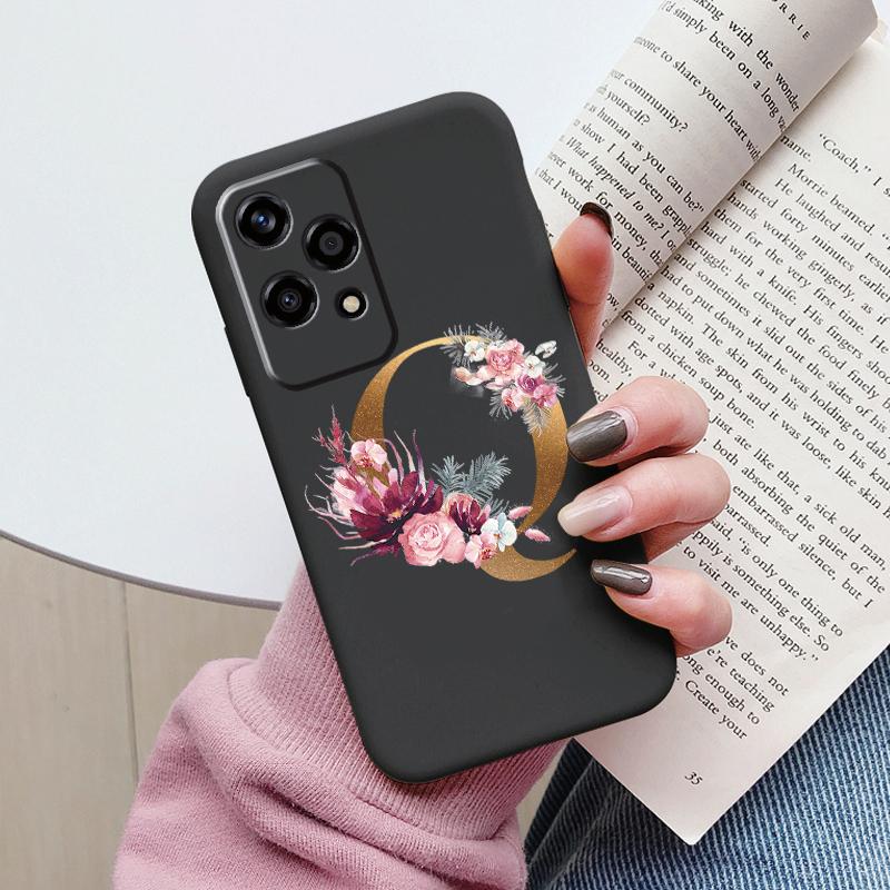 Gold Letter Case For Honor 200 Pro Lite Smart Black Shell Soft Cover For Honor 200Lite Protector Shockproof Funda Pink Flower