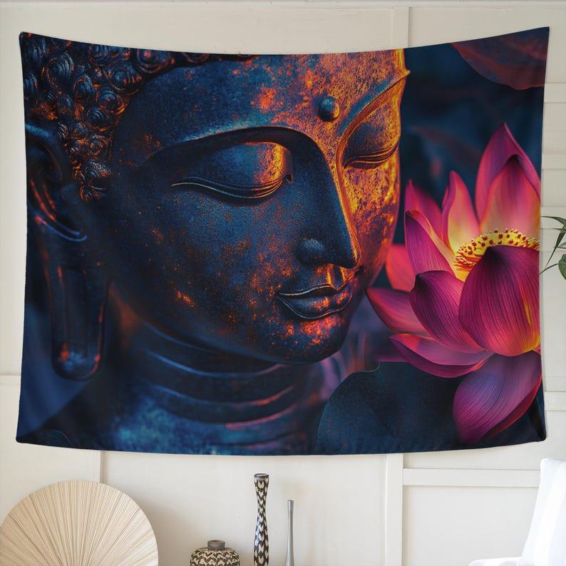 Buddha statue lotus tapestry