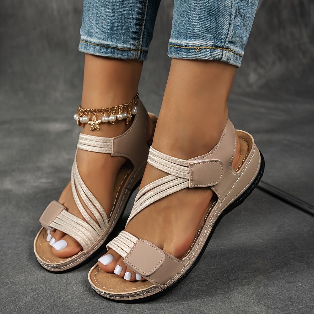 Sandali da pescatore estivi da donna: Cinturino alla caviglia regolabile, Zeppa con plateau open-toe, Scarpe casual da esterno da spiaggia di alta qualità, Tacco basso e comode