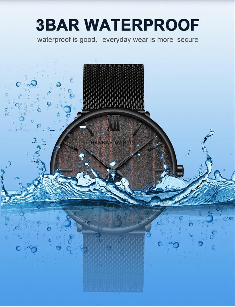 Hannah Martin Men's Watch Black Ultra-Thin Watch Men's Fashion Waterproof Dress Stainless Steel Band (Walnut) [Parallel Import]