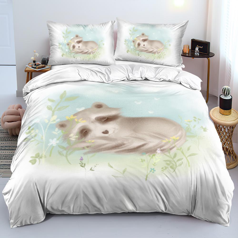 Єнот Підковдра Розмір Кінг Квін Мила Тваринна Тематика Комплект Постільної Білизни Візерунок Дикої Природи Чохол для Ковдри 2/3шт Поліестер Чохол для Ковдри
