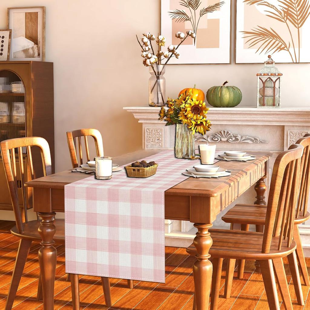 Watercolor Pink White Buffalo Check Plaid Table Runner Gingham Tablecloth Farmhouse Spring Summer Easter Home Kitchen Table Decorations-13×72''(Pink
